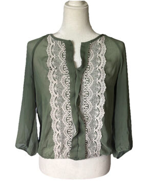 Candies Womens L Olive Green Lace Blouse Boho Chiffon Peasant Top Fairycore